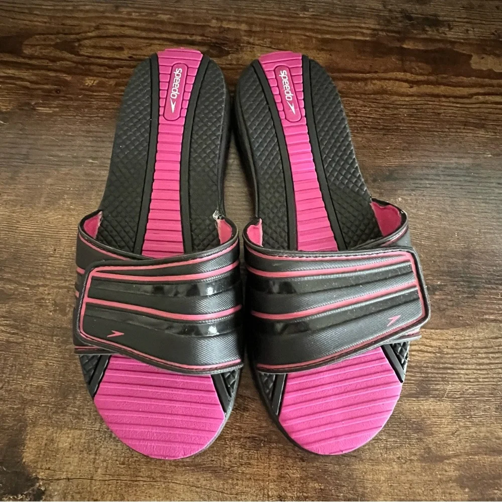 Speedo Slide Sandals Black Hot Pink Adjustable Strap Summer Pool Women's 10